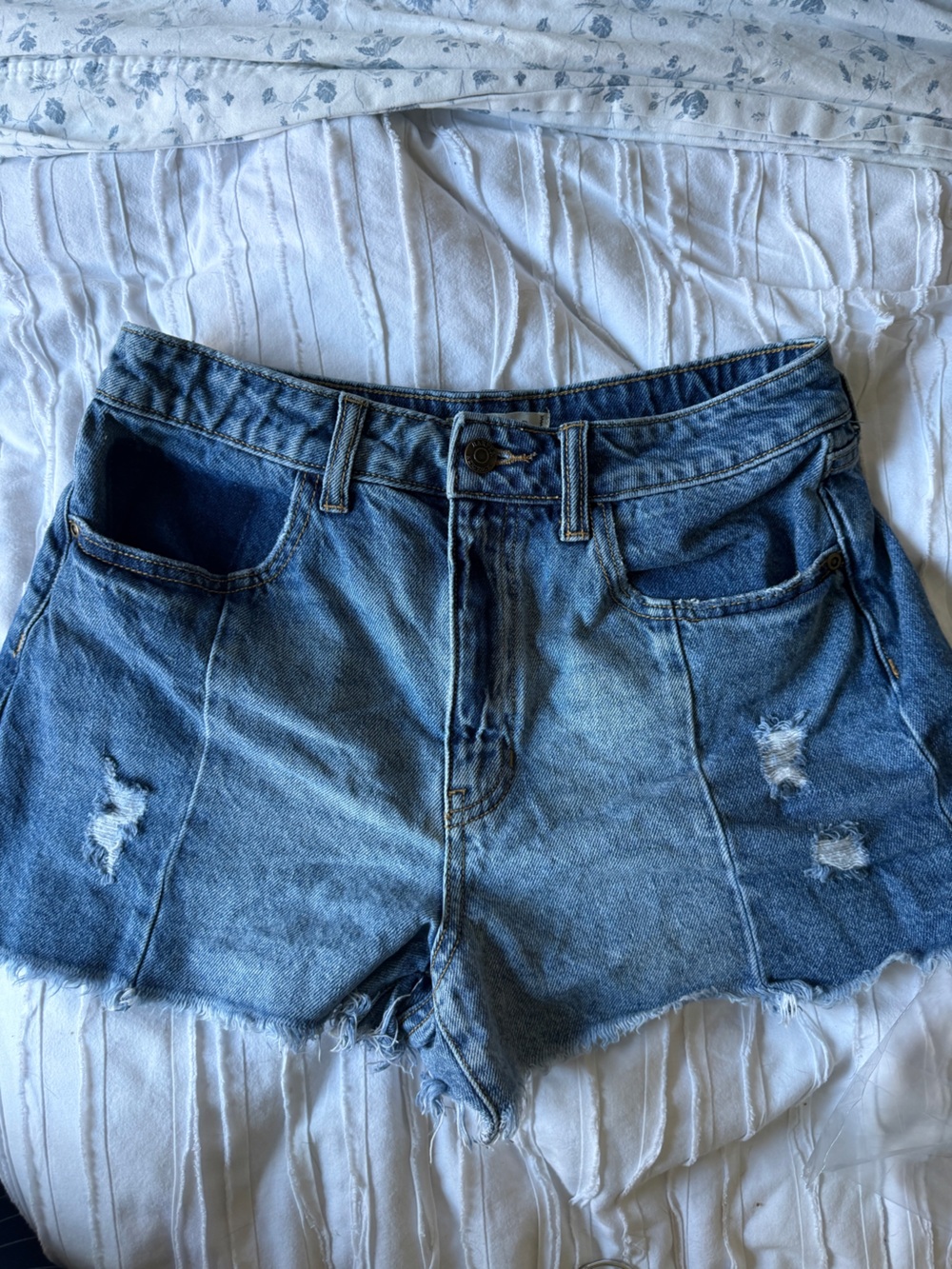 High-Rise Distressed Blue Denim Shorts